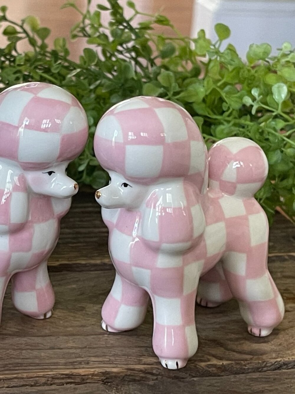 MacKenzie-Childs Rosy Check Poodle Salt Pepper Set-NEW-Theme: pink poodle parlor - Picture 3 of 14